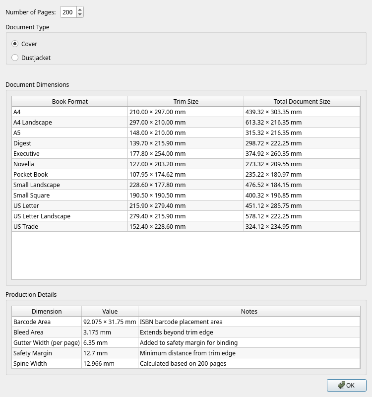 Calculator dialog showing spine width and document dimensions