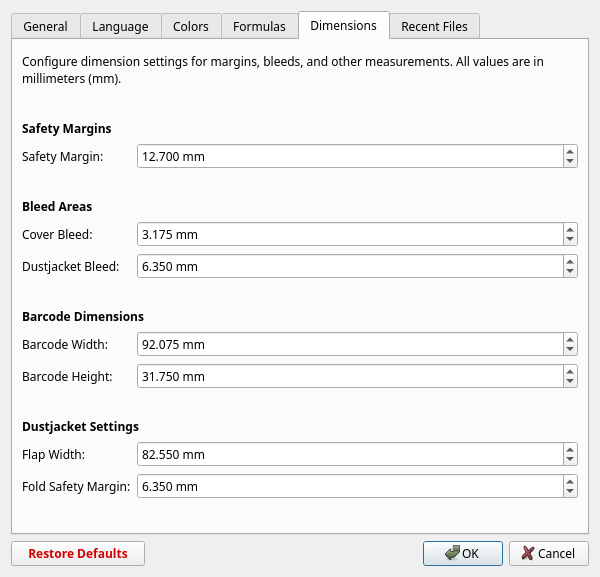 Preferences dialog Dimensions tab