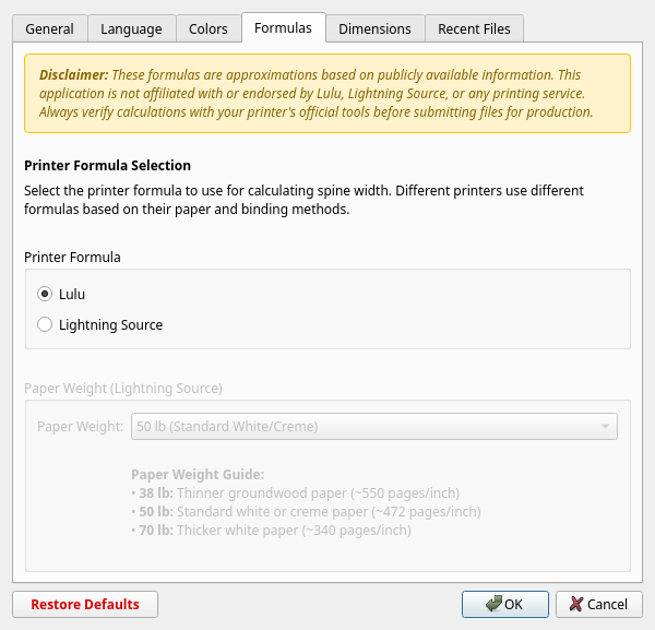 Preferences dialog Formulas tab