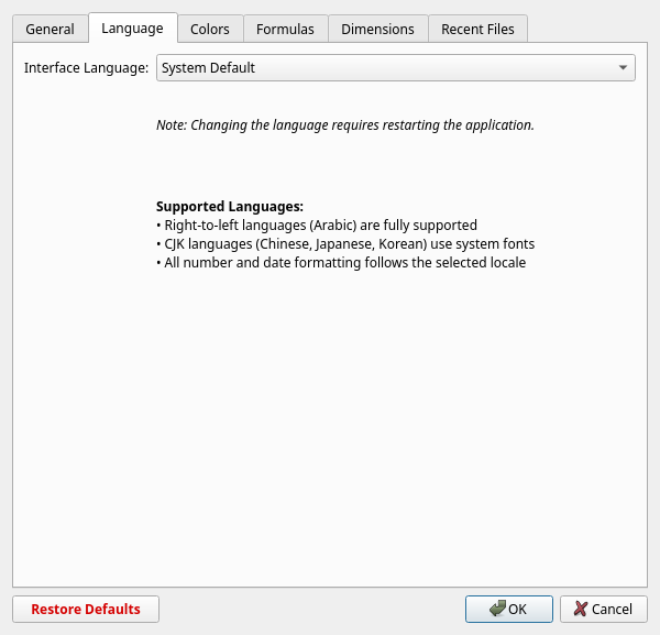 Preferences dialog Language tab