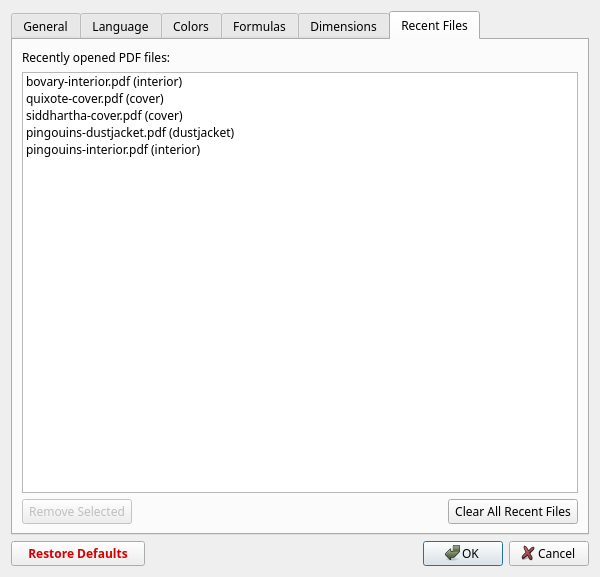 Preferences dialog Recent Files tab
