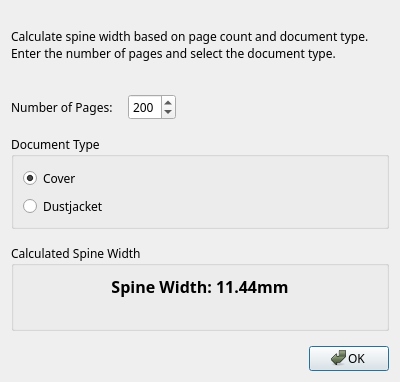 Spine Width Calculator dialog